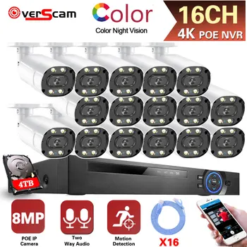 16CH 4K NVR Комплект Цветно Нощно Виждане POE Куполна Камера Системен Комплект Вътрешно Домашно видеонаблюдение IP Камера за наблюдение Система за Сигурност 8MP