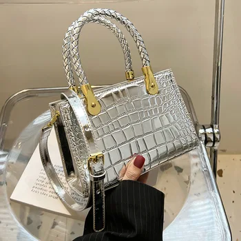 2023 Дамска чанта с горната дръжка, лачена кожа, камък, чист цвят, луксозни дизайнерски чанти-тоут, качествена чанта-месинджър, златни