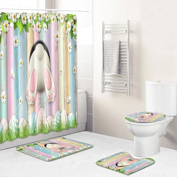2023 Поздравителна Великден завеса за душ, комплект великденски cartoony заек, сладък заек, устойчива на плъзгане капак за тоалетна, килими и пътеки, кухненски начало декор