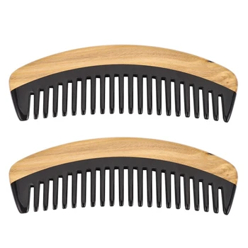 2X Гребен за коса - Дървена четка за коса за разнищване на къдрава коса с широк зъб - Без статично въздействие, гребен от сандалово дърво във формата на рог на бизон