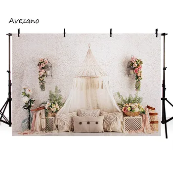Avezano Фон за снимки Стая цвете, палатката е в стил бохо, портрет на новородено на рожден ден, на фона на торта, подпори за декорация на фото студио