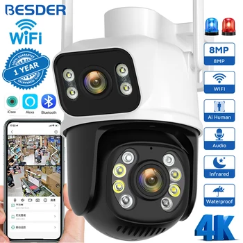 BESDER 8-мегапикселова PTZ Wifi камера на открито за нощно виждане, двоен екран, за откриване на човек, на 4-мегапикселова IP камера видеонаблюдение