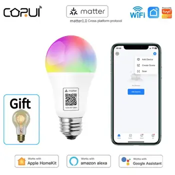 CORUI Matter Homekit WiFi A19 Умна Лампа с регулируема яркост RGB CW Интелигентен Led Лампа Smart Life APP Поддръжка на Siri Google Home Алекса Асистент