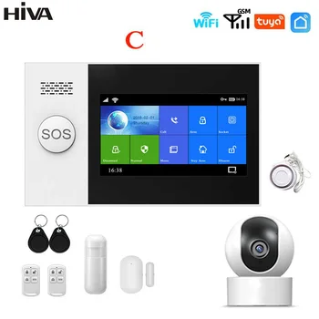 HIVA GSM Wifi алармена Система за сигурност на Домашни алармени системи за дома с датчик за врата PIR сензор работа с Алекса Google Assistant