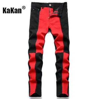 Kakan - Нови европейски и американски мъжки дънки, прилепнали пряка тръба, черни, червени дънкови панталони в клетката в стил мозайка K23-7275