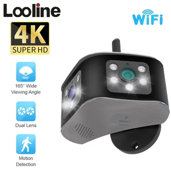 Looline HD, 4K 8MP WIFI двухобъективные камера за наблюдение с широк зрителен ъгъл от 180 ° с Външна камера за видео наблюдение с изкуствен интелект за откриване на човек