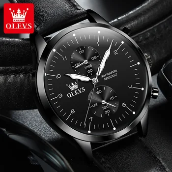 OLEVS Водоустойчив кварцов часовник за мъже с каишка от естествена кожа, бизнес супертонкие сложни мъжки часовници, светещи