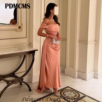 PDMCMS Розови сатенени вечерни рокли трапецовидна форма с открити рамене и деколте лодка, вечерни рокли за абитуриентски бал, елегантна рокля за жените