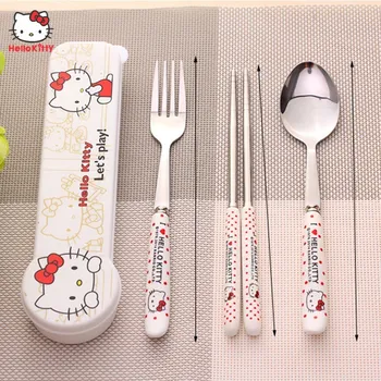 Sanrio Набор от студентски прибори Hello Kitty, пръчици за хранене Котка, лъжица, вилица, преносими прибори, един сладък комплект прибори за пътуване от три елемента