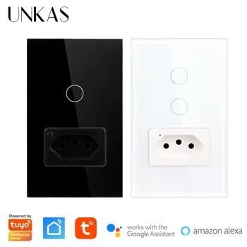 UNKAS WiFi умна стенни изход на бразилския стандарт 4x2 стъклен панел 1/2 бутони за превключване на светлината на Hristo приложение за Алекса Google Home