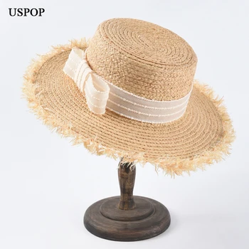 USPOP Модни летни шапки за жени, слънчеви шапки с широка периферия от лико, плажни шапки с груби ръбове и лък с плосък покрив
