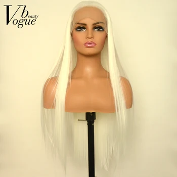 Voguebeauty 13 × 3 дантела Платиново-бяло синтетичен завързана предни силки права перука от устойчиви на топлина влакна Cosplay за жени