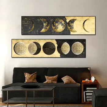 абстрактни плакати със златна Луна, щампи, фаза на Луната, платно, живопис, стенни картини в голям размер за всекидневна декор Куадрос
