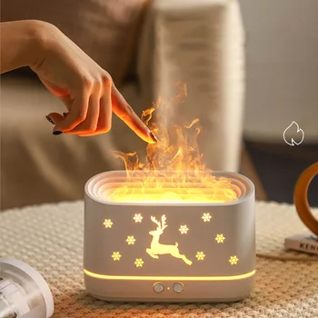 Апарат за ароматерапия с хубави елени, USB дифузер за етерични масла, която симулира пламък, овлажнител за въздух 300 мл с цветна подсветка за домашен офис