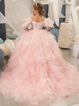 Бална рокля с цветя модел за момичета, рокля от розов тюл, пушистое, многослойно, за сватба, за малки принцеси, за първо причастие, за бала