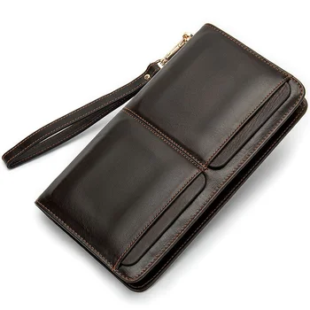 Бизнес мъжки дълъг портфейл с двоен джоб, ръчна чанта от естествена кожа с няколко карти