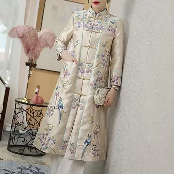 Ветровка Жена на Средна дължина В Китайски стил Ретро Етнически Пролетно-Есенен Стил С Бродерии, копчета Танг Над Коляното S