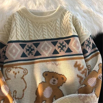 Върхове със сладък мечок, мъжки пуловери оверсайз, върховете на улицата плетени, есенен пуловер, свободни блузи в стил харадзюку Kawai, бели дамски пуловери за двойки