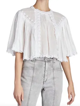 Дамска блуза с бродерия, плиссированная блуза с кръгло деколте и ръкав три четвърти, проста годишна жена бяла риза 2023, върхове