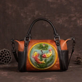 Дамска чанта-тоут от естествена кожа, дамски дизайнерска чанта с релефни и цветисти принтом, реколта чанта през рамо с горната дръжка