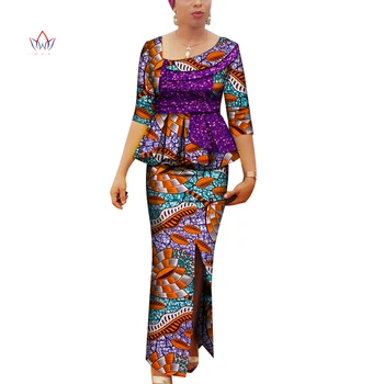 Дамски дрехи с африканските принтом, топ и пола с волани, ретро комплект с дължина до щиколоток, плюс размера на африканска дрехи, костюм от 2 теми, WY3491