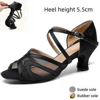 Дамски мрежести дишащи черни обувки за латино танци за салса, сандали за балната зала танго, ток 5,5 см, големи размери