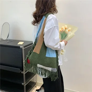 Дамски чанта през рамо, луксозна дизайнерска вязаная чанта-тоут, цветна чанта с четки, лесна женствена чанта за пътуване в офиса