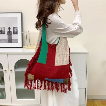 Дамски чанта през рамо, луксозна дизайнерска вязаная чанта-тоут, цветна чанта с четки, лесна женствена чанта за пътуване в офиса
