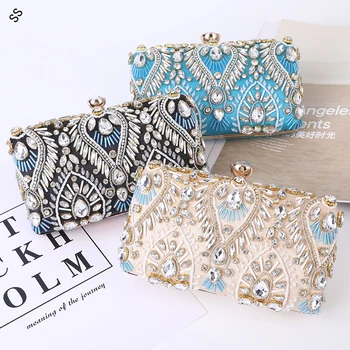 Дамски чанти-клатчи с кристали ръчно изработени, в твърда черупка, дамски чанти син цвят, обтянутые коприна