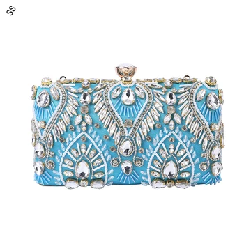 Дамски чанти-клатчи с кристали ръчно изработени, в твърда черупка, дамски чанти син цвят, обтянутые коприна