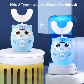 Детска автоматична електрическа четка за зъби 360 ° с U-образно анимационни модел за деца, 6 режима на почистване, звукова четка за зъби със синя подсветка