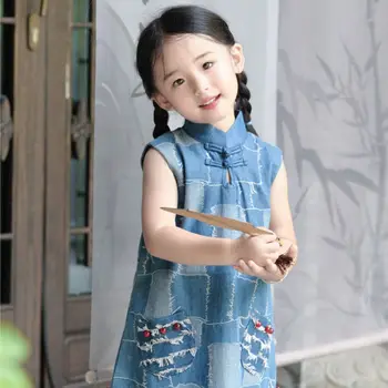 Детски дрехи за майки с пандой, летен стил 2023, деним жилетка в стил мозайка за момичета, детски ежедневна рокля в клетката, Cheo