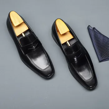 Дизайнерски модерни мъжки лоферы от естествена кожа ръчно изработени, черно-кафяви ежедневни бизнес модела обувки, вечерни сватбени мъжки обувки