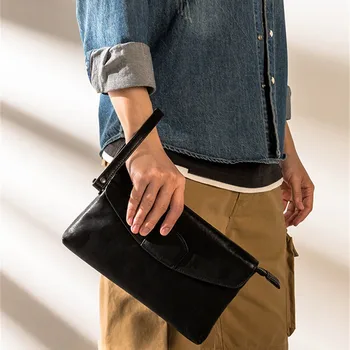 Една проста ежедневна луксозна дизайнерска мъжки голяма черна чанта-клатч от телешка кожа на първия слой за ежедневна работа, чанта за ключове за партита от естествена телешка кожа, чанта за телефон