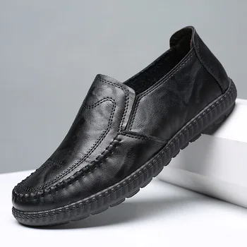 Ежедневни обувки от фина кожа, за предотвратяване на занасяне модерни спортни мъжки лоферы, дишаща мъжки обувки за шиене, черна мъжки обувки за почивка с кръгло бомбе