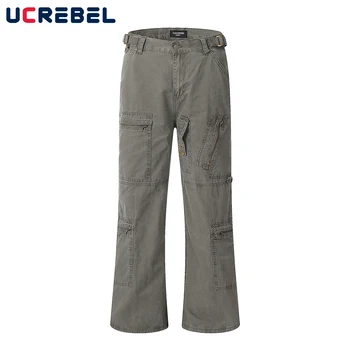 Ежедневни панталони в стила на Настроението с няколко джобове с цип, мъжки свободни панталони-карго с директни штанинами, мъжки панталони