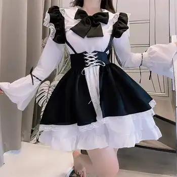 Женски костюм мома, дълга рокля от аниме, черно-бяла престилка, рокля стил Лолита, мъжки костюм за кафе, костюм за cosplay Мома Мукама
