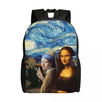Звездна нощ на Мона Лиза и на Винсент Ван Гог раница за студенти, чанта за книги, подходящи за 15-инчов чанти за художествена стенопис лаптопи