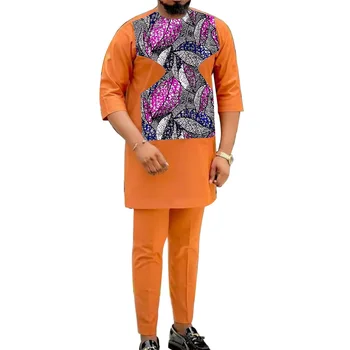 Изработена по поръчка мъжки комплект, лоскутные ризи с къс ръкав и обикновен панталон, оранжев костюм на младоженеца, мъжки дрехи в нигерия стил