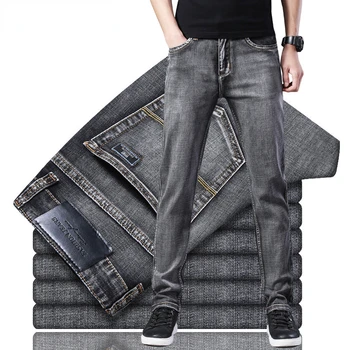 Класически стил Летни мъжки тънки сиви дънки бизнес мода високо качество стреч деним прави панталони мъжки маркови панталони