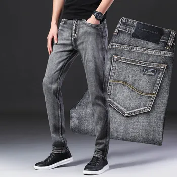 Класически стил Летни мъжки тънки сиви дънки бизнес мода високо качество стреч деним прави панталони мъжки маркови панталони