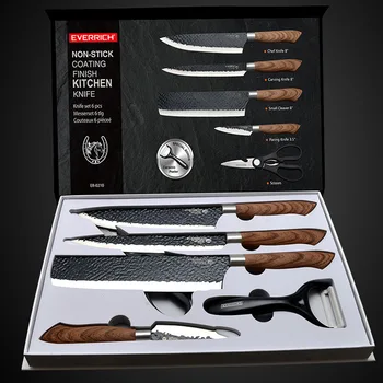 Комплект кухненски ножове, ножове готвач, 6 комплекта, подправени кухненски ножове от неръждаема стомана, ножици, белачка, нож за нарязване на зеленчуци, подарък калъф