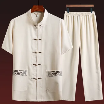 Костюм от епохата на Тан, Лятна Мъжки Дрехи в Китайски Стил, Ежедневни Модерна Риза и Панталони, Комплект от 2 теми, Мъжки Костюм с Къси ръкави