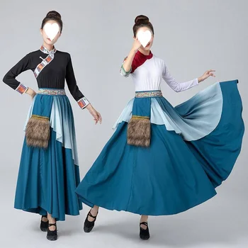 Костюми за монголски танци, облекло за етническите малцинства, модерни поли с големи распашками, женски художествен тест костюм, синя