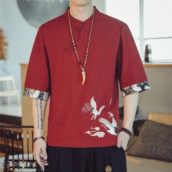 Летни ленени ризи за мъже в китайски стил Риза с копчета Летни ризи с къс ръкав обикновен потник с бродерия журавля