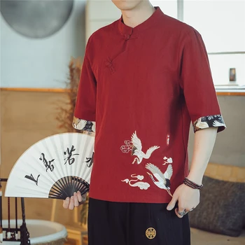 Летни ленени ризи за мъже в китайски стил Риза с копчета Летни ризи с къс ръкав обикновен потник с бродерия журавля