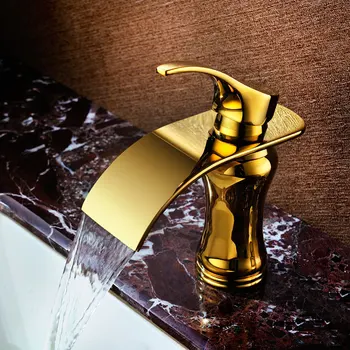 луксозна масивна месинг със златно покритие, мивка за баня, водопадный кран, златна купа, смесител за топла и студена вода, кранче-5524