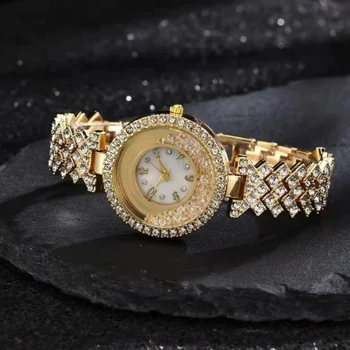 Луксозни дамски златен часовник с малък циферблат, кварцов часовник с кристали, часовници 2024