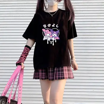 Лятна тениска Sanrioed Kuromi Cinnamoroll с къс ръкав, Свободна Тениска С Корейски Анимационни Принтом, Модни и Ежедневни Дрехи За Студенти