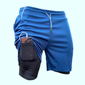 Мъжки дрехи, спортни къси панталони за мъжете /фитнес, двуслойни дантела, изкуствени шорти от две части с еластична гумена лента на талията, с дължина до коляното за тренировки